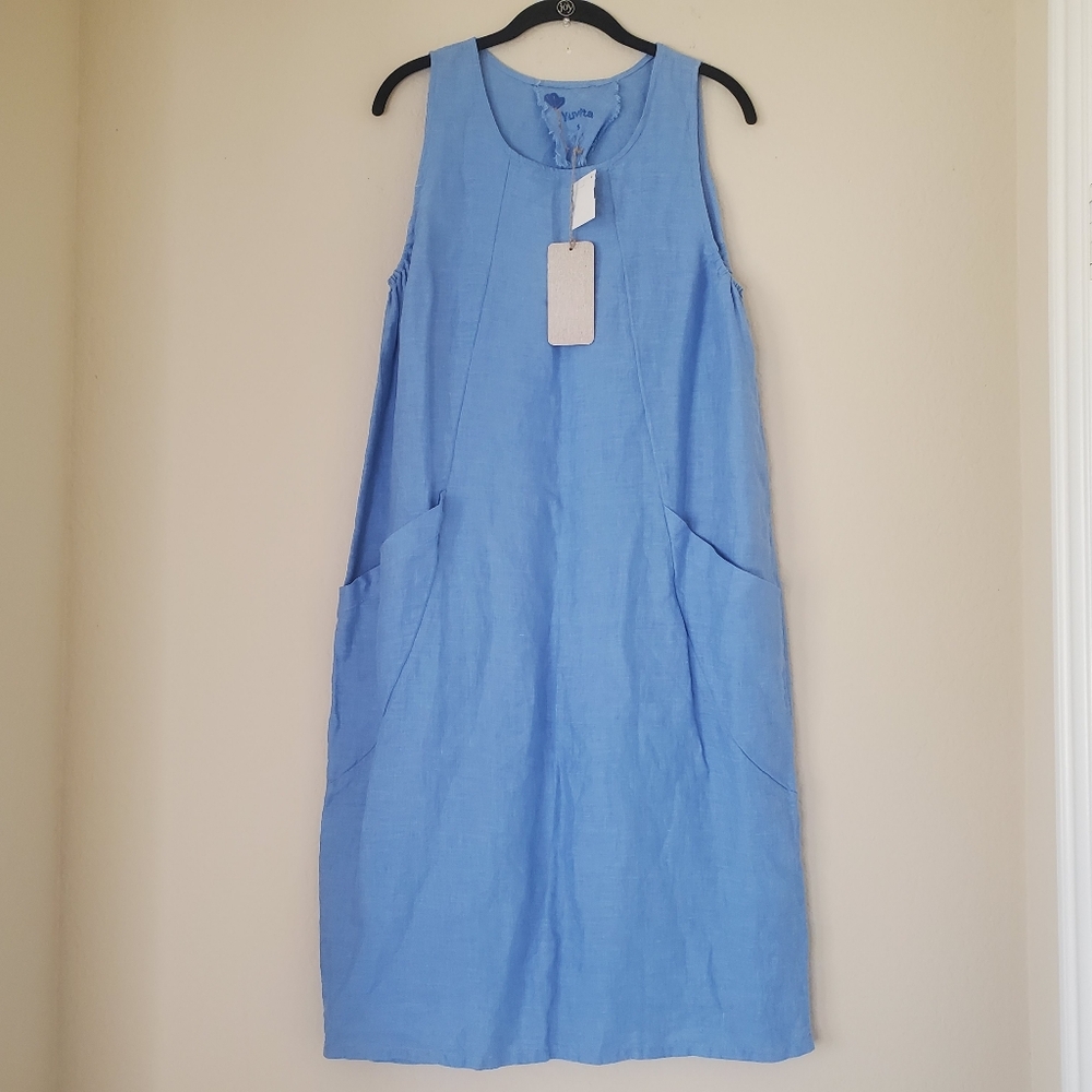 Yuvita 100% Linen Blue Sleeveless Pocket Lagenlook Long Midi Tank Dress Small